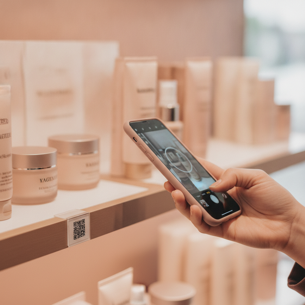Main scannant un QR code posé sur une étagère de cosmétiques
